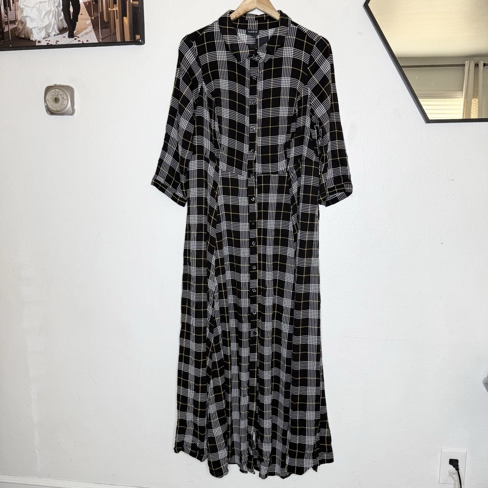 Torrid Black Plaid Challis Maxi Shirt Dress Button Front Women's 2X